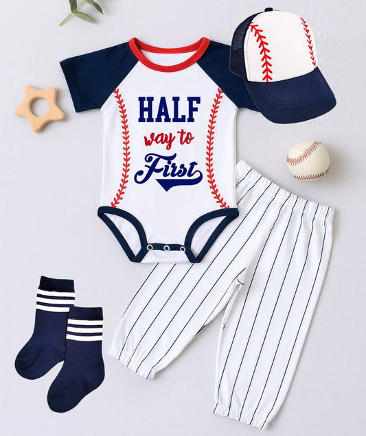 Half Way To First 6 Month Baseball Birthday Outfit