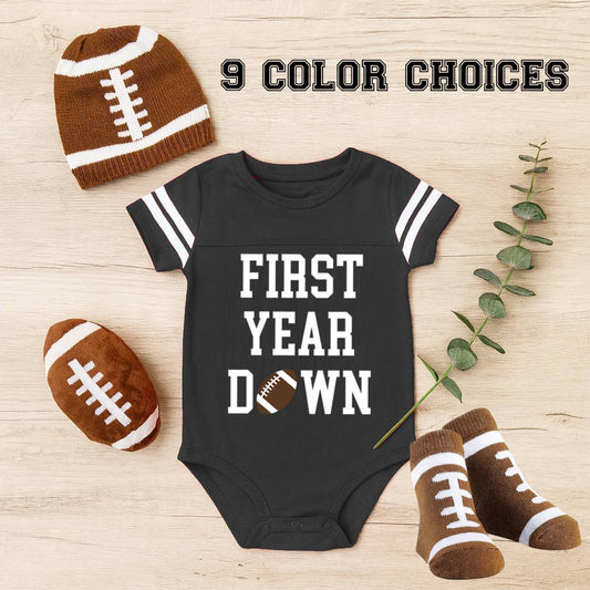 Personalized First Year Down Touchdown-Ready First Birthday Outfit – “First Year Down” Football Bodysuit