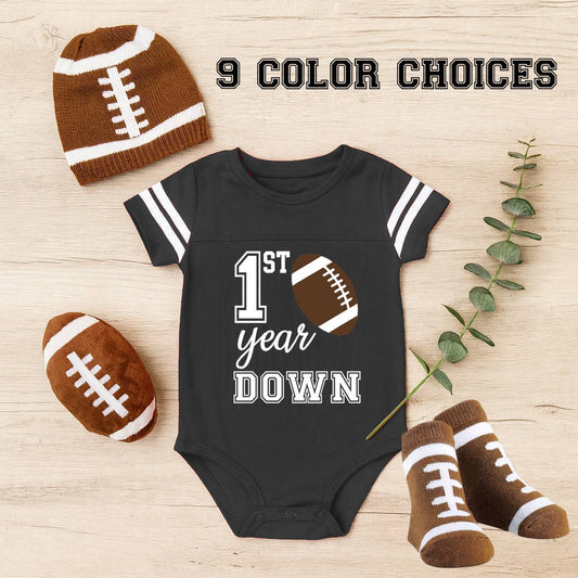 Personalized First Year Down Touchdown-Ready First Birthday Outfit – “First Year Down” Football Bodysuit