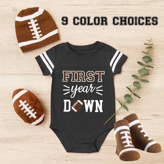 Personalized First Year Down Touchdown-Ready First Birthday Outfit – “First Year Down” Football Bodysuit
