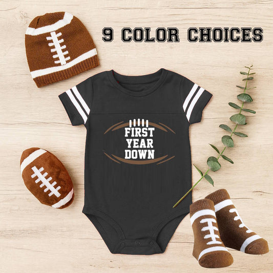 Personalized First Year Down Touchdown-Ready First Birthday Outfit – “First Year Down” Football Bodysuit