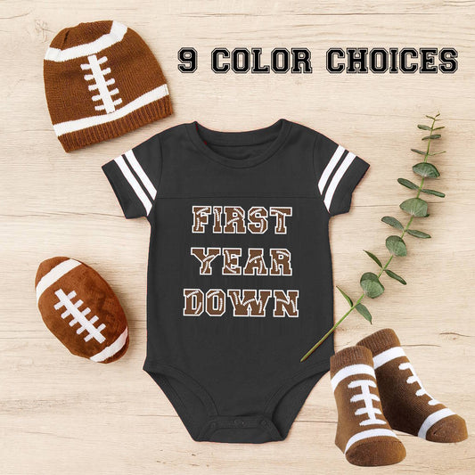 First Year Down Touchdown-Ready First Birthday Outfit – “First Year Down” Football Bodysuit