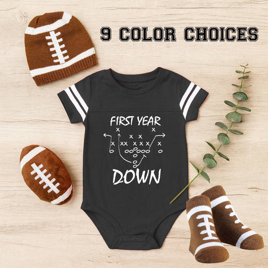 First Year Down Touchdown-Ready First Birthday Outfit – “First Year Down” Football Bodysuit