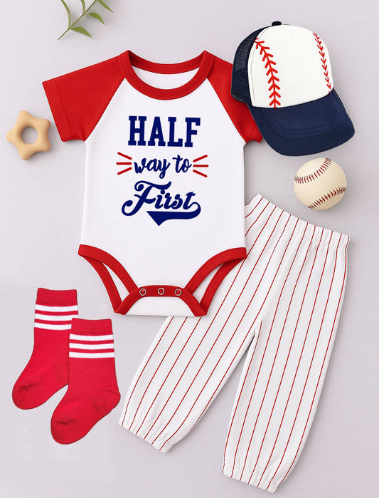 Half Way To First 6 Month Baseball Birthday Outfit